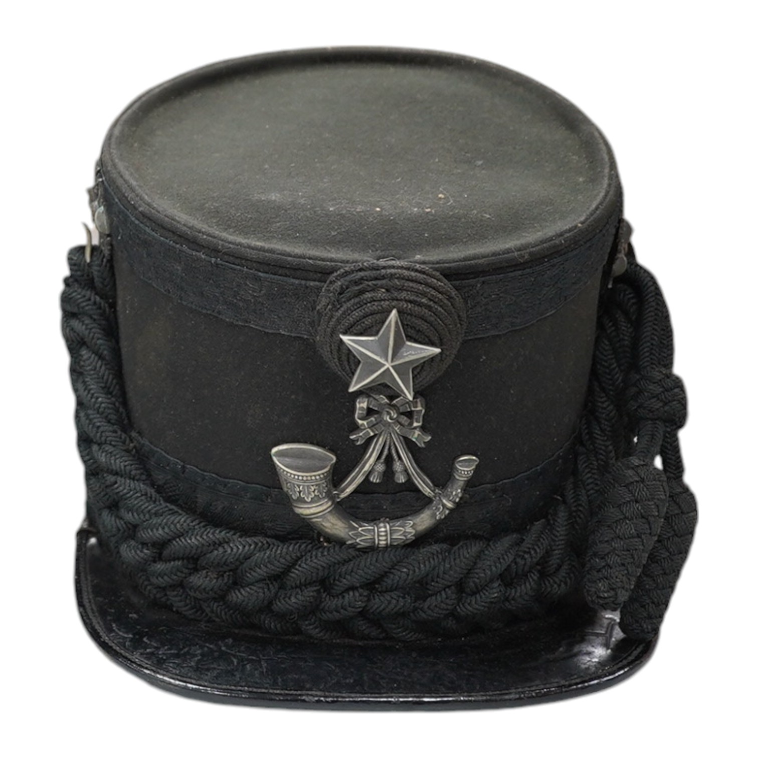 A Victorian tin cased Scottish Rifles officer's shako by Cater & Co. Pall Mall, London, with cap badge for the Cameronians, Applied plaque to lid engraved R. Robertson Esq. 2nd Scottish Rifles. Condition - fair to good,